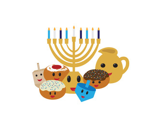 Cute Hanukkah symbols with smiling face, Hanukkah cartoon characters on White background