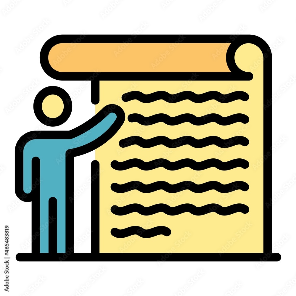 Poster man and huge document icon. outline man and huge document vector icon color flat isolated