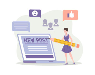 Smiling woman article editor writing publicity post at internet use laptop journalist workflow