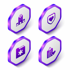 Set Isometric Hospital building, Immune system, Medical health record folder and Patient icon. Purple hexagon button. Vector