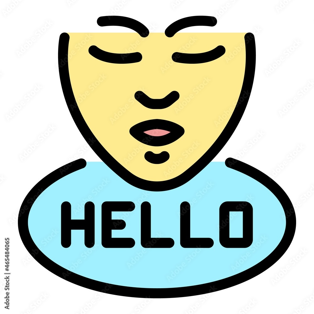 Poster womans face and hello icon. outline womans face and hello vector icon color flat isolated