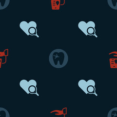 Set Blood donation, Tooth with caries and Medical heart inspection on seamless pattern. Vector