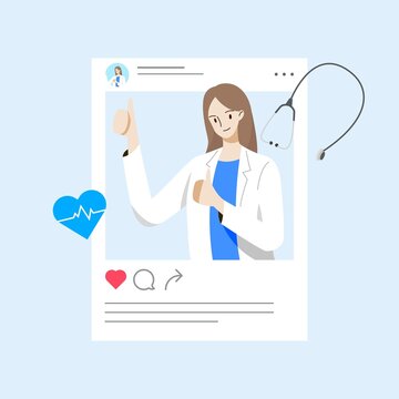 Female doctor thumbs up in social media post. Healthcare and medical concept. Hand draw style. Vector illustration.