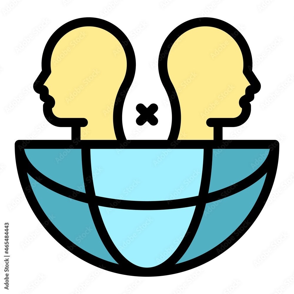 Poster two heads and a globe icon. outline two heads and a globe vector icon color flat isolated