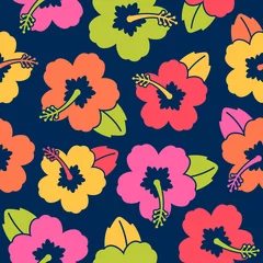 Gordijnen Colorful hibiscus flower and  leaf pattern vector background. © NTRdesign
