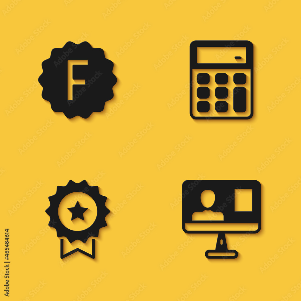 Poster set exam paper with incorrect answers, online class, medal star and calculator icon with long shadow