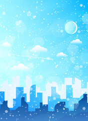 Fototapeta premium Winter city skyline landscape, town buildings in different times, and urban cityscape town sky. Daytime cityscape. Architecture silhouette downtown background. Flat design for flyers, cards