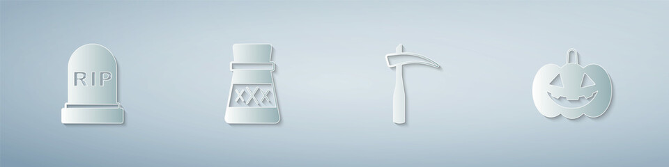 Set Tombstone with RIP written, Bottle potion, Scythe and Pumpkin. Paper art style. Vector