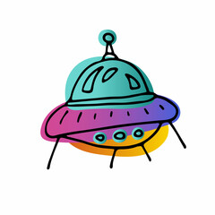 Bright space doodle sticker. Hand-drawn Flying saucer isolated on white background. Gradient orange, blue neon color astronomical object. UFO, Spaceship sketch sign. Vector science cute illustration