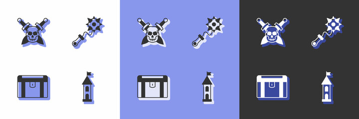 Set Castle tower, Skull with sword, Antique treasure chest and Mace spikes icon. Vector