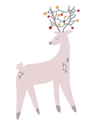 Deer with garlands on its horns. Cute animal. Merry Xmas and New Year, Happy Winter Holidays Concept. Vector cartoon hand draw illustration on a white background.