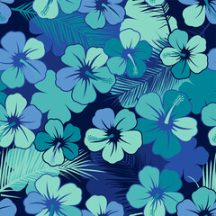 Camouflage hibiscus and palm leaf pattern vector background.