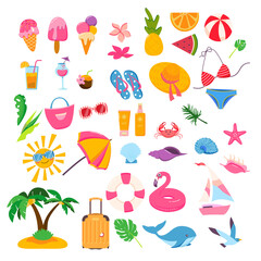 Summer set with travel elements. Ice cream, sun, leaves, hat, sandals, pineapple, bag, palms, drinks, seashells. Vector illustration. Set of cute summer icons. Beach party scrapbooking element 