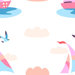 Side view of cute doodle sailboat isolated on white background. Boat with sails. Colorful nautical ship. Colored flat vector illustration. Ship with seagull pattern