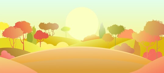 Silhouette autumn landscape. Beautiful scenic plant. Horizontal. Cartoon style. Hills with grass and trees. Cool romantic pretty. Flat design background illustration. Vector art