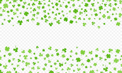 Shamrock or green clover leaves pattern background flat design vector illustration isolated on transparent background. St Patricks Day shamrock symbols decorative elements pattern.