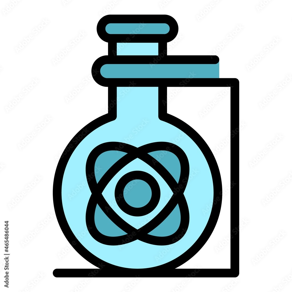 Poster flask with atom icon. outline flask with atom vector icon color flat isolated