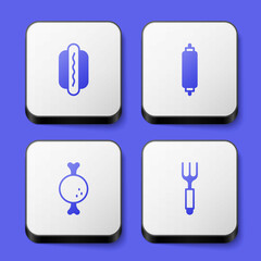 Set Hotdog, Rolling pin, Chicken leg and Fork icon. White square button. Vector
