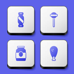 Set Candy, Lollipop, Jam jar and Chicken leg icon. White square button. Vector