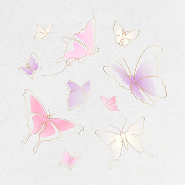 Flying butterfly sticker, pink gradient line art vector animal illustration set