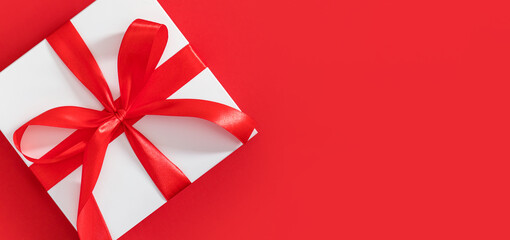 gift boxes banner on red background with place for text	
