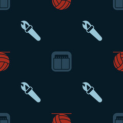 Set Volleyball ball, Sport mechanical scoreboard and Torch flame on seamless pattern. Vector