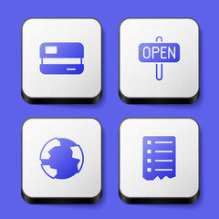 Set Credit card, Hanging sign with text Open, Worldwide and Shopping list icon. White square button. Vector