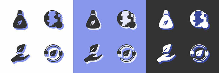 Set Electric saving plug in leaf, Garbage bag, Leaf hand and Earth melting to global warming icon. Vector