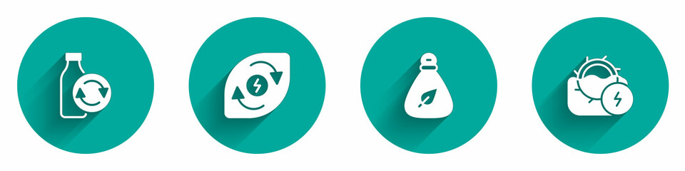 Set Recycling plastic bottle, Water energy, Garbage bag and mill icon with long shadow. Vector