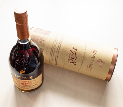 Moscow, Russia - September 25, 2021: box and bottle with Remy Martin 1738 Accord Royal french cognac. It named after royal decree issued in 1738 when King Louis XV granted Accord Royal to Remy Martin