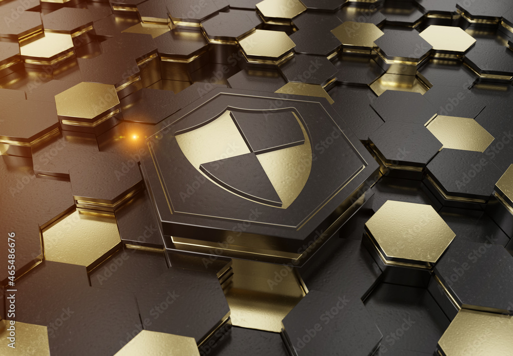 Aufkleber Shield icon concept engraved on gold metal hexagonal pedestral background. Security Logo glowing on abstract digital surface. 3d rendering
