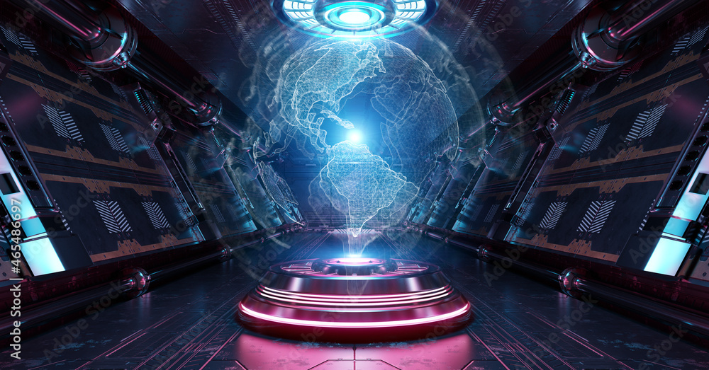 Leinwandbilder blue and pink spaceship interior with glowing world map. futuristic corridor in space station with p