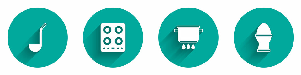 Set Kitchen ladle, Gas stove, Cooking pot on fire and Chicken egg stand icon with long shadow. Vector