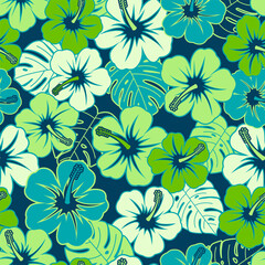 Hibiscus and tropical leaf pattern vector background.