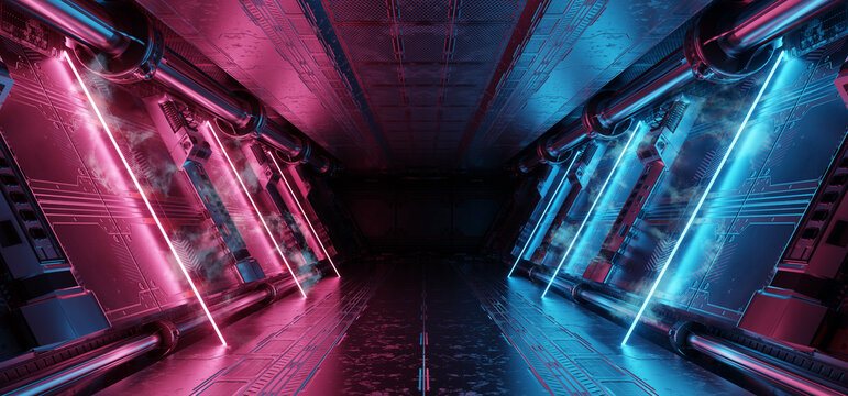 Blue and pink spaceship interior with neon lights on panel walls. Futuristic corridor in space station background. 3d rendering