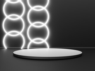 Black stand podium on dark background. Realistic dark platform