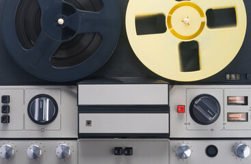 retro tape recorder, for listening to magnetic tapes and old recordings, close-up