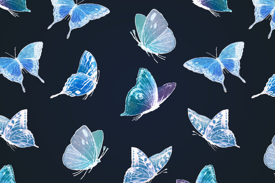 Neon butterfly pattern background, holographic blue design on black vector