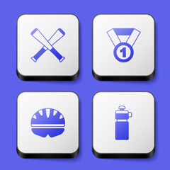 Set Crossed baseball bat, Medal, Bicycle helmet and Fitness shaker icon. White square button. Vector