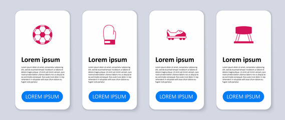 Set Pommel horse, Football shoes, Boxing glove and Soccer football. Business infographic template. Vector