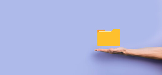 Businessman hold folder icon.Document Management System or DMS setup by IT consultant with modern computer are searching managing information and corporate files.Business processing,