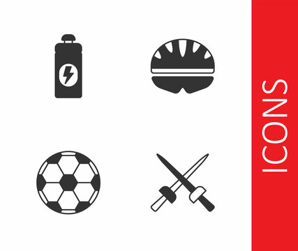 Set Fencing, Fitness shaker, Soccer football ball and Bicycle helmet icon. Vector