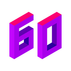 Purple number 60 in isometric style. Isolated on white background. Learning numbers, serial number, price, place.