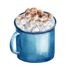 Hot drink, cocoa and marshmallow, watercolor drawing