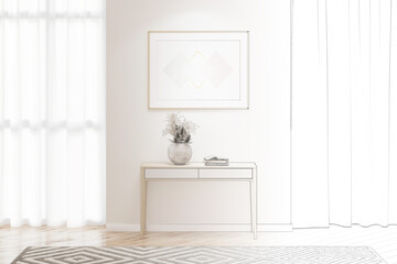 A sketch becomes a real room with a horizontal poster on the wall between large windows with transparent curtains, a vase with dried flowers on the console, a carpet on the parquet floor. 3d render