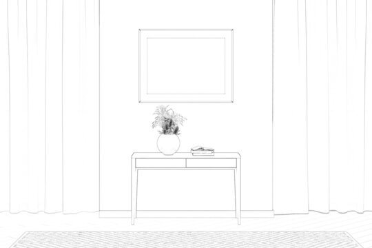 Sketch of the room with a horizontal poster on the wall between large windows with curtains, a vase with dried flowers on the console, a carpet on the tiled floor. Front view. 3d render