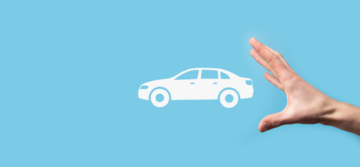 Digital composite of Man holding car icon.Car automobile insurance and car services concept....