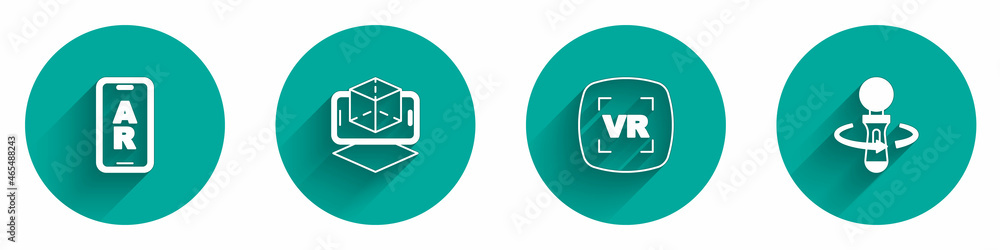 Poster set augmented reality ar, 3d modeling, virtual and vr controller game icon with long shadow. vector