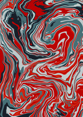 Fluid art texture. Abstract background with swirling paint effect. Liquid acrylic picture that flows and splashes. Mixed paints for interior poster. Red, green and gray overflowing colors