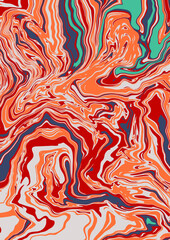 Fluid art texture. Abstract background with swirling paint effect. Liquid acrylic picture that flows and splashes. Mixed paints for interior poster. Orange, red, green overflowing colors